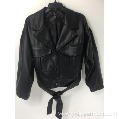 Ladies' Jackets Women's PU Leather Black Casual Jacket Factory